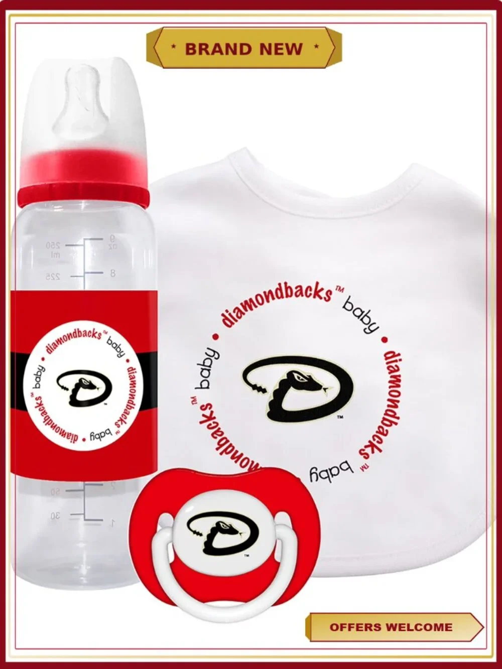 MLB Arizona Diamondbacks 3 Piece Baby Gift Set - Pacifier, Bottle & Bib